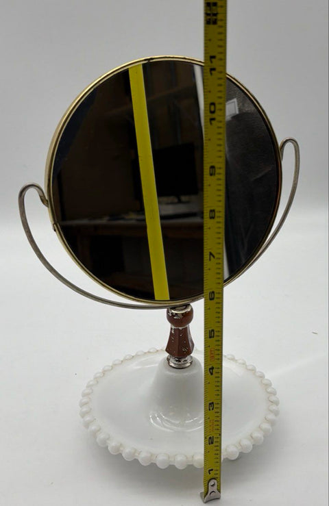 Vintage Swivel Vanity Mirror Hobnail Milk Glass Base Mid Century 11" Tall