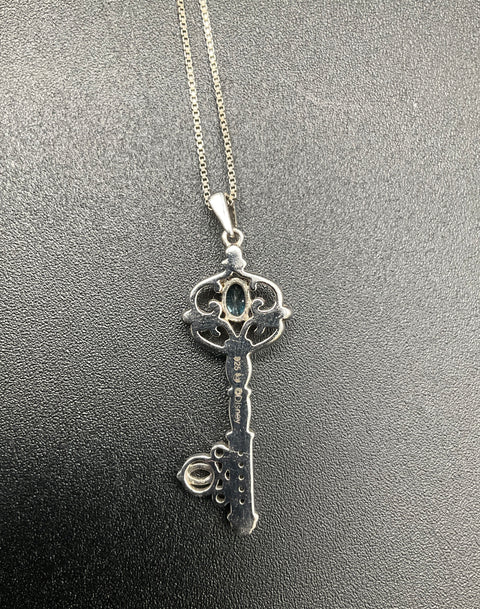 Disney 925 Sterling Silver Platinum Alloy Cinderella Key Necklace Topaz Diamond