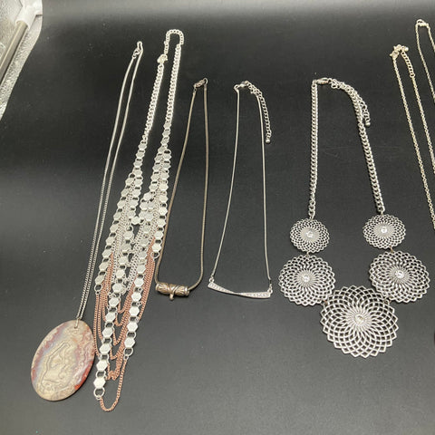 Vintage to Modern Costume Jewelry Lot 11 Necklaces Silver Tone Statement Pieces