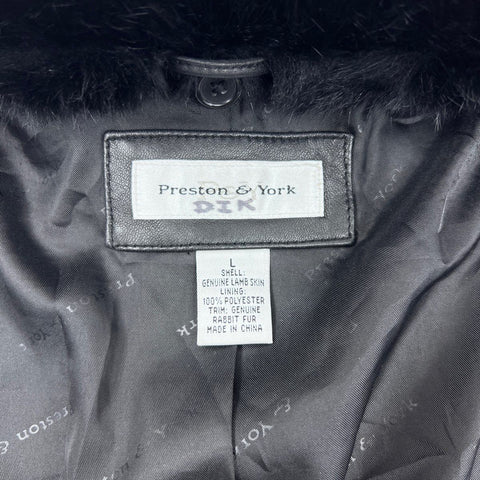 Preston & York Women's Black Lambskin Leather Jacket Rabbit Fur Collar Sz L