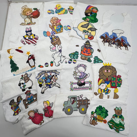 Vintage 80s Unbranded Puffy Graphic Baby Bibs Lot Unfinished Craft Holiday