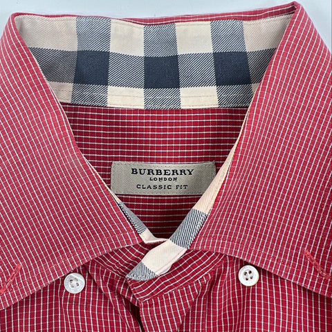 Burberry Men's Red White Plaid Button Up Shirt Nova Check Trim Classic Fit M