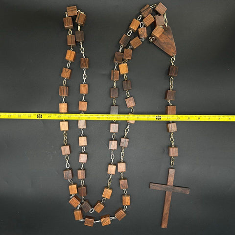 Large Vintage Wooden Church Wall Rosary Square Cube Beads Wood Cross Crucifix