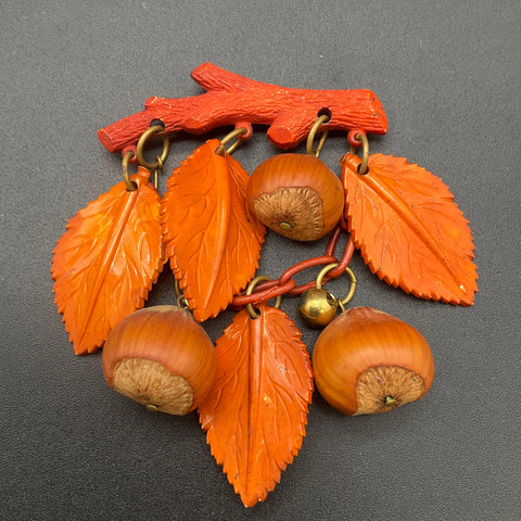 Vintage Fall Autumn Dangle Brooch Pin Orange Plastic Leaves Real Hazelnuts