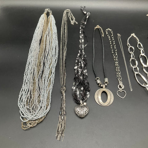 Mixed Silver Tone & Black Fashion Necklace Jewelry Lot 10 Pieces Heart Tassel