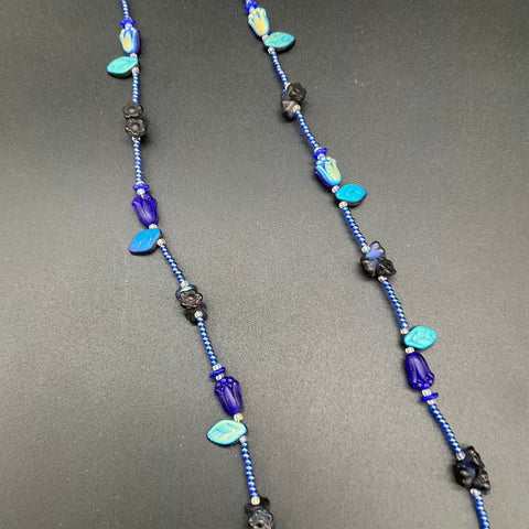 Handmade Blue Art Glass Seed Bead Necklace Floral Tulip Leaf Motif 34"