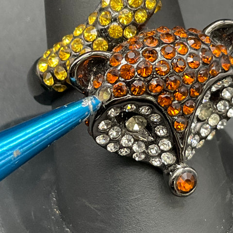 Fox Costume Ring Gunmetal Tone Orange Yellow Clear Rhinestones Size 9