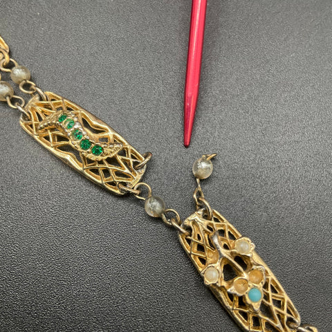 Vintage Goldette Victorian Revival Gold Tone Filigree Multi-Stone Bracelet 7"