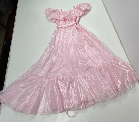 Vintage 80s JC Penney Women's Pink Ruffle Off Shoulder Formal Gown Dress Sz 7-8