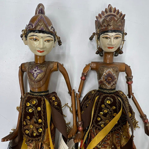 Vintage Indonesian Wayang Golek Arjuna & Srikandi Wooden Rod Puppet Lot of 2