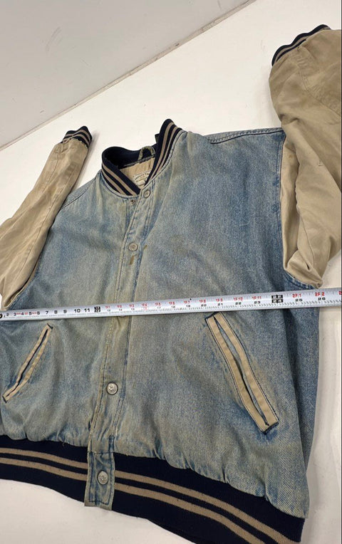 Vintage 90s American Eagle Men's Denim Varsity Jacket Blue Tan Sz XL