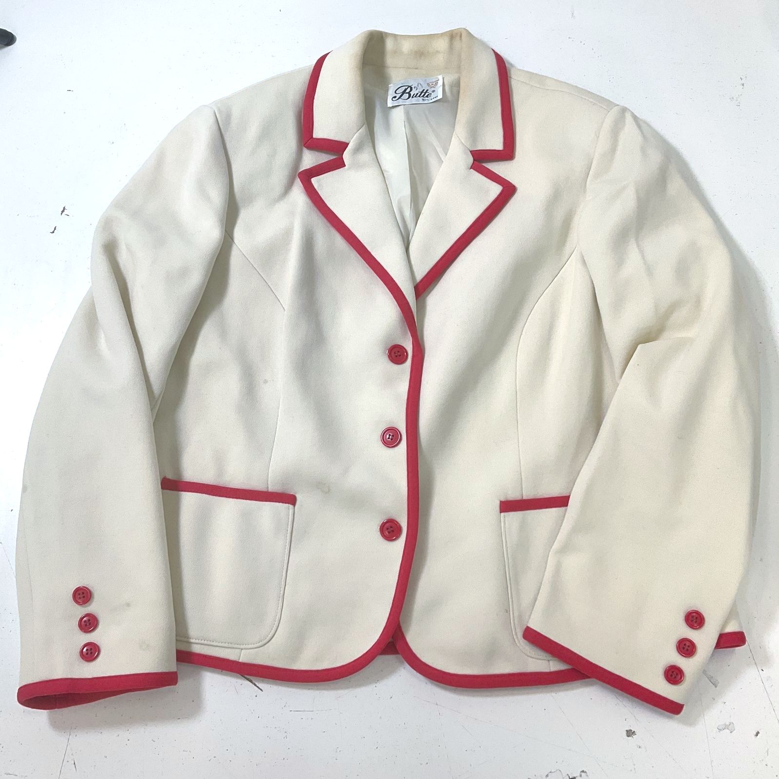 Butte Women's Ivory Blazer Suit Jacket Red Trim Piping & Buttons Vintage Size 16