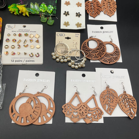 Fashion Earring Jewelry Lot Cato Hot Topic Time and Tru Wood Hoops Studs 45+ Pr