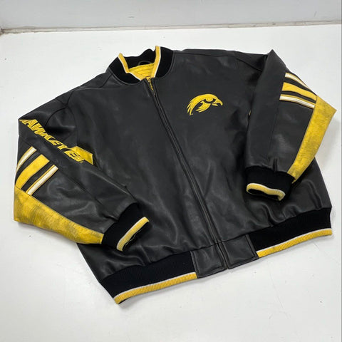 G-III Men's Iowa Hawkeyes Leather Varsity Bomber Jacket Black Yellow Sz 2XL