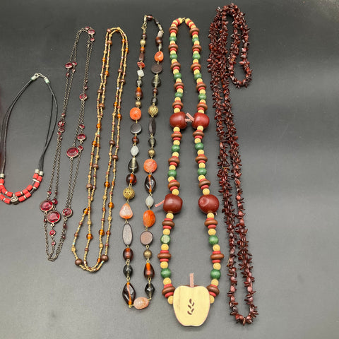Vintage Boho and Statement Beaded Necklace Jewelry Lot of 8 Red Resin Wood