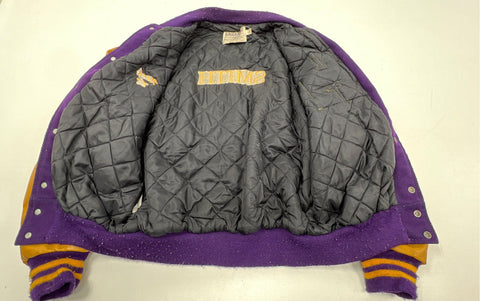 DeLong 2008 Varsity Letterman Jacket Purple Gold Leather Sleeves Made USA Sz L