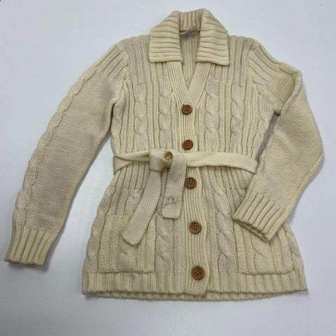 Vintage 70s Kmart Cream Cable Knit Belted Collared Cardigan Sweater Women's M