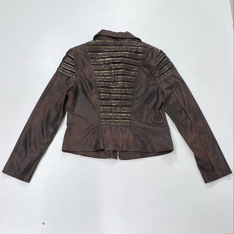 Frank Lyman Women's Brown Distressed Faux Suede Moto Jacket Gold Studs Size M