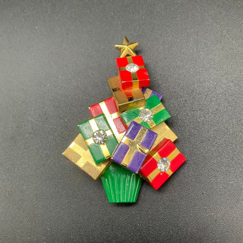 Vintage Christmas Tree Brooch Lot 5 Gold Tone Rhinestone Enamel Holiday Pins