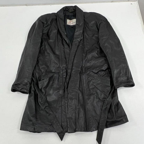 Vintage 80s Excelled Black Genuine Leather Belted Wrap Trench Coat Women's