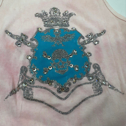 Yvette Mandell Women's Pink Crystal Crest Ribbed Cotton Tank Top NWT Sz L Y2K