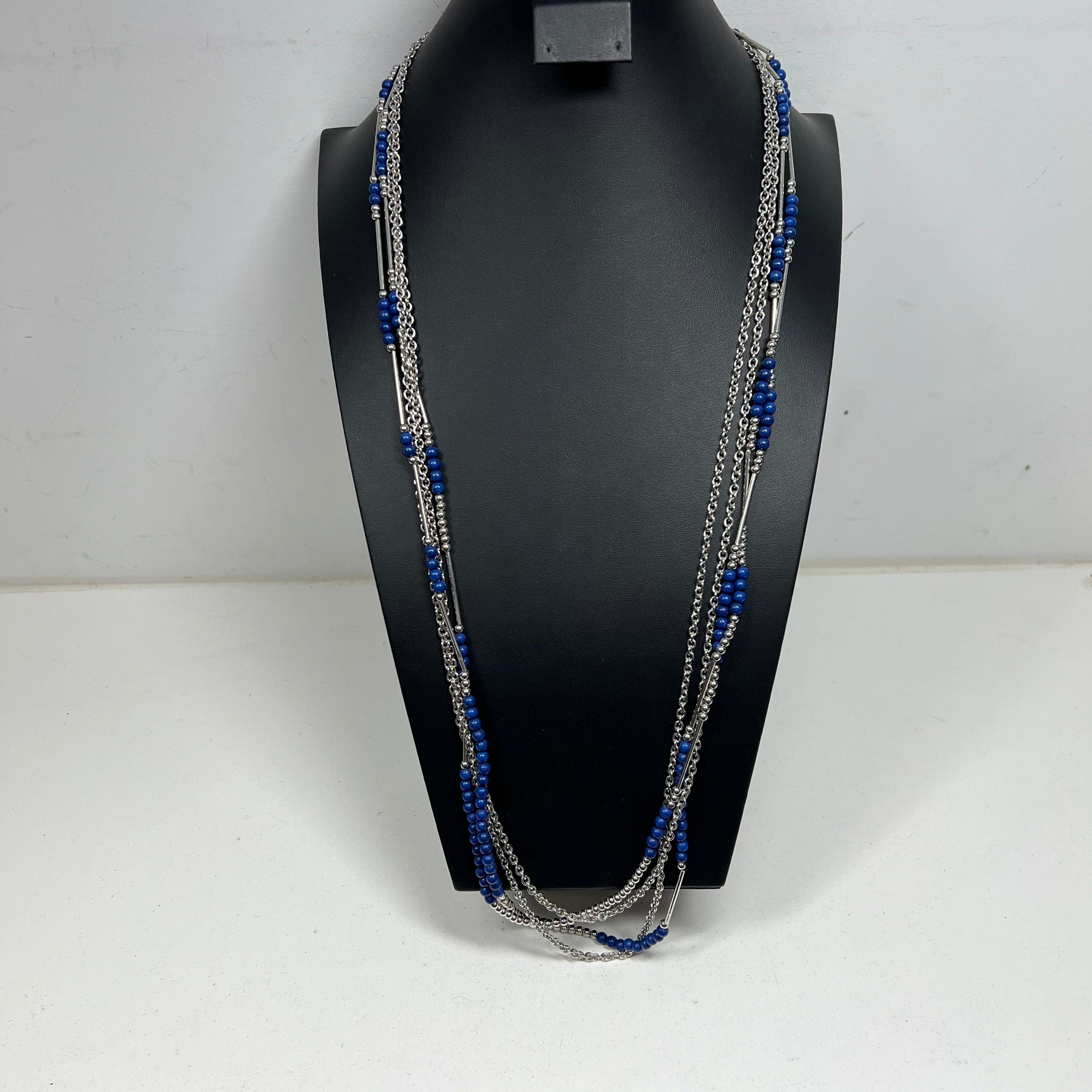 Navy Blue Silver Tone Beaded Chain Costume Jewelry Lot