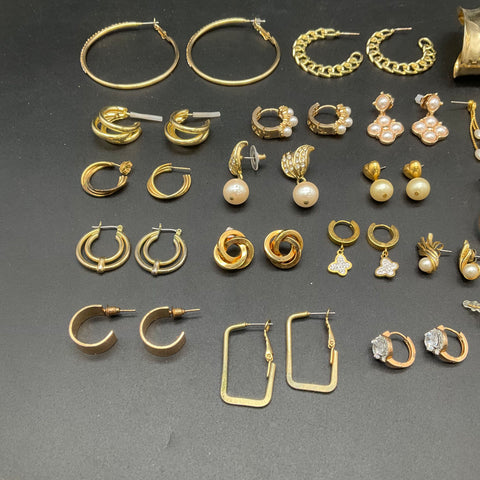 Vintage Gold Tone Costume Jewelry Earrings Lot 23 Pairs Hoops Studs Pearl CZ