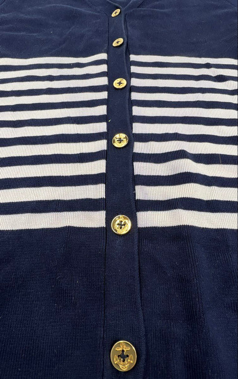 Lauren Ralph Lauren Women's Navy Striped Silk Cardigan Gold Anchor Sz P/M