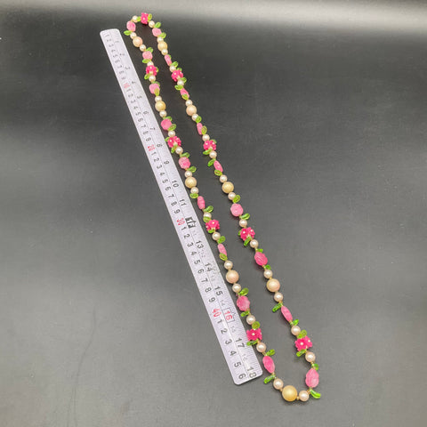 Vintage 1960s Pink Molded Bead Floral Faux Pearl Necklace Jewelry Lot of 2
