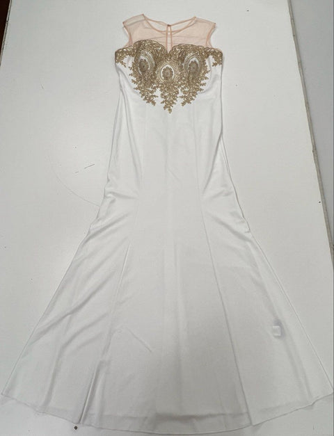 Baby Online Women's White Gold Lace Applique Illusion Mesh Evening Gown Dress