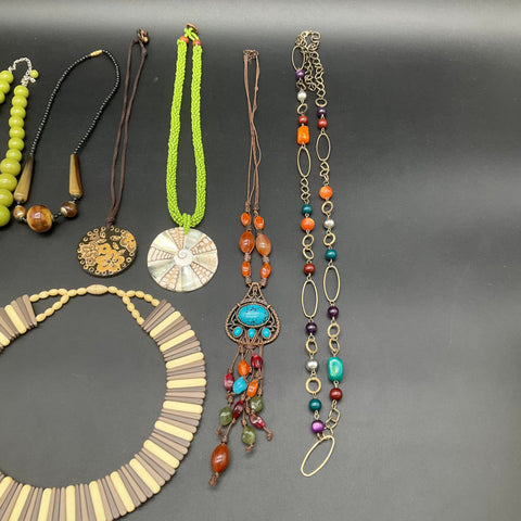 Mixed Costume Jewelry Necklace Lot 7 Pieces Boho Tribal Shell Beaded 0.7lb