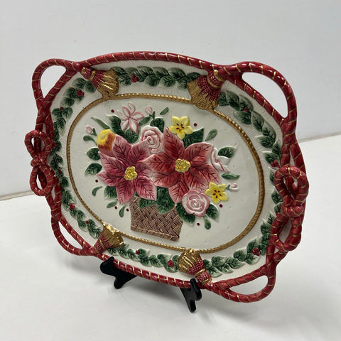Fitz and Floyd 1995 Christmas Poinsettia Tassel Rope Ceramic Serving Platter