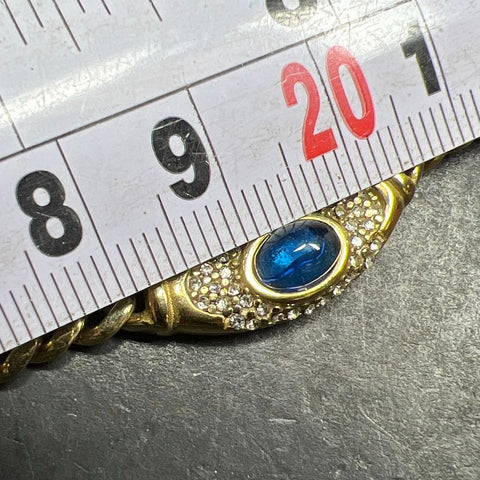 Vintage Cadena Signed Gold Tone Blue Cabochon Rhinestone Curb Chain Necklace