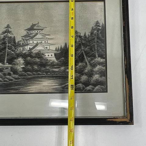 Vintage Mid-Century Japanese Castle Silk Thread Embroidered Framed Art Picture