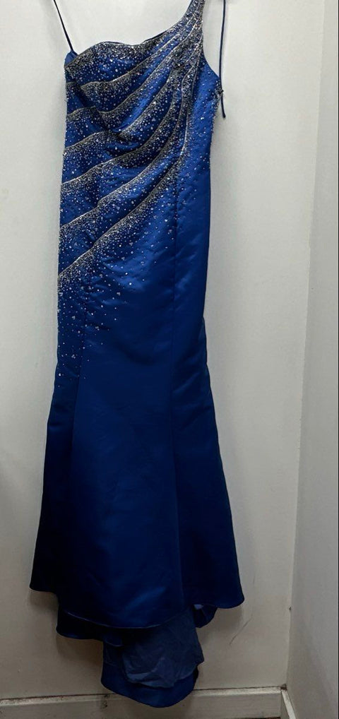 Xcite Women's Royal Blue Beaded One-Shoulder Evening Gown Dress Sz 8