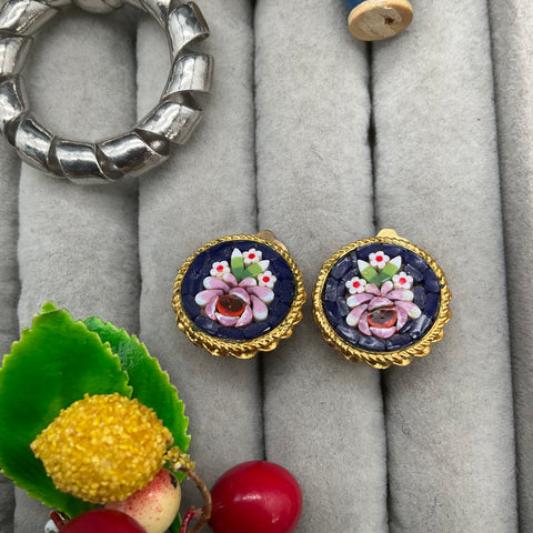 Vintage Costume Jewelry Lot 5 Pairs Micro Mosaic West Germany Fruit Kokeshi