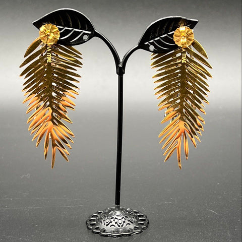 Dora Mae Gold Tone Rhinestone Palm Frond Statement Dangle Earrings