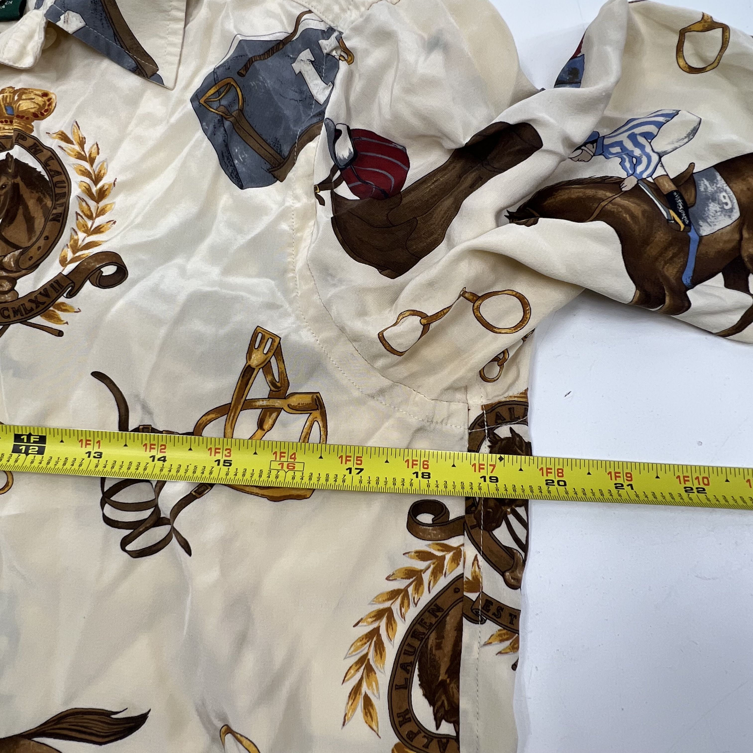 Vintage 90s Lauren Ralph Lauren Cream Equestrian Print Silk Blouse Women's 10P