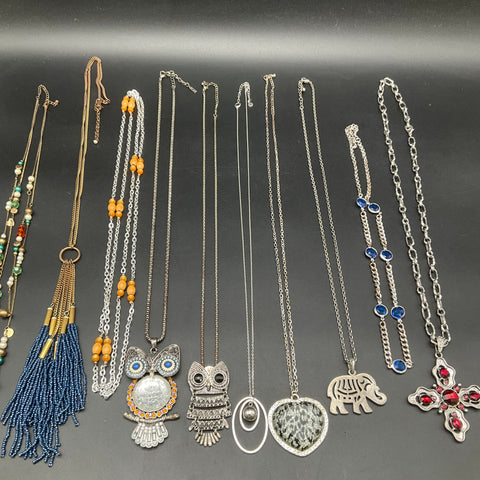 Vintage to Modern Costume Jewelry Lot 10pc Owl Elephant Cross Tassel Beads