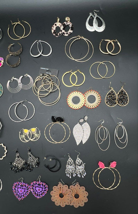 Costume Jewelry Earring Lot of 33 Pairs Hoops Dangles Drops Boho Mixed Styles