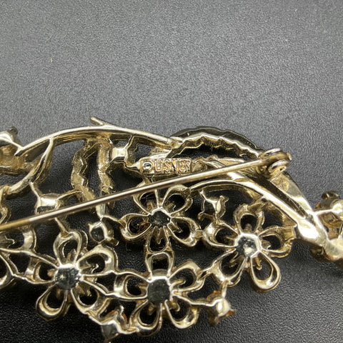 Vintage Lisner Gold Tone Floral & Rose Brooch Lot of 2 AB Rhinestones