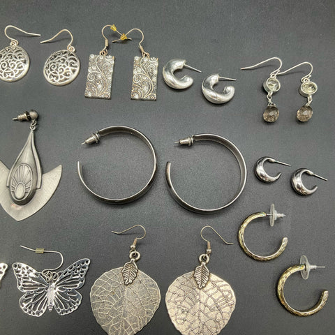 Vintage & Modern Costume Jewelry Lot 22 Pairs Earrings Hoops Dangles Silver Tone
