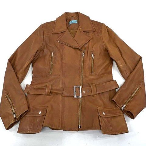 Vintage Y2K Carrie Hoxton London Tan Leather Belted Moto Jacket Women's 20
