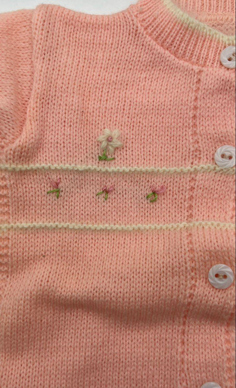 Vintage 60s Gordon Girls Pink Cardigan & Bonnet Set Floral Embroidered Sz 11