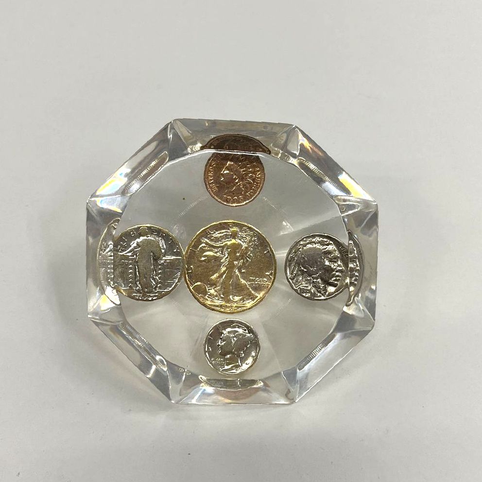 Collectible Coins in Clear Diamond Shaped Resin Paperweight Indian Head Mercury