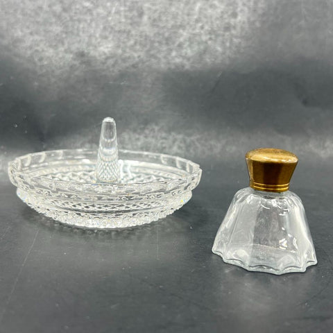 Vintage Mid-Century Pressed Glass Ring Holder & Perfume Bottle Vanity Set