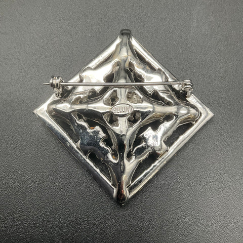 Vintage Bellini Silver Tone Blue Clear Rhinestone Geometric Lozenge Brooch 2"