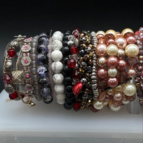 Mixed Fashion Costume Jewelry Lot 30+ Pcs Beaded Bangle Wrap Wood Faux Pearl