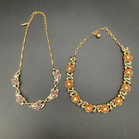 Vintage Gold Tone Rhinestone Floral Choker Necklace Lot of 2 Pink Amber