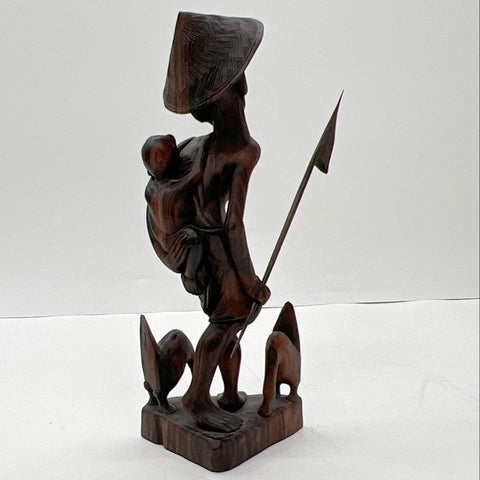 Hand Carved Wood Figure Man with Baby and Dogs Sculpture 13" Folk Art Vintage